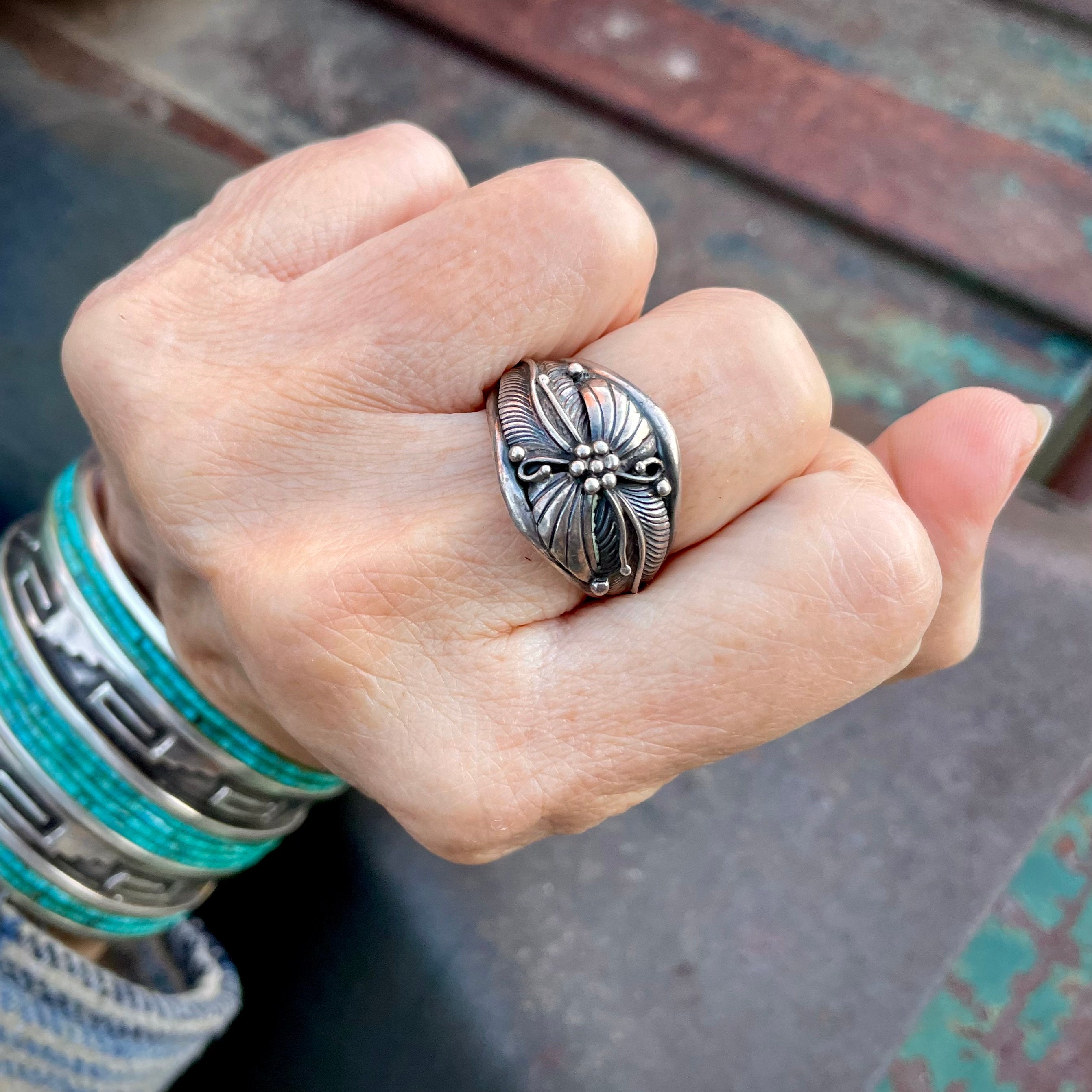 One Of The Tallest 1970's Native American Jewelry Silver Flower Ring One Of The Tallest 1970's Native American Jewelry Silver Flower Ring