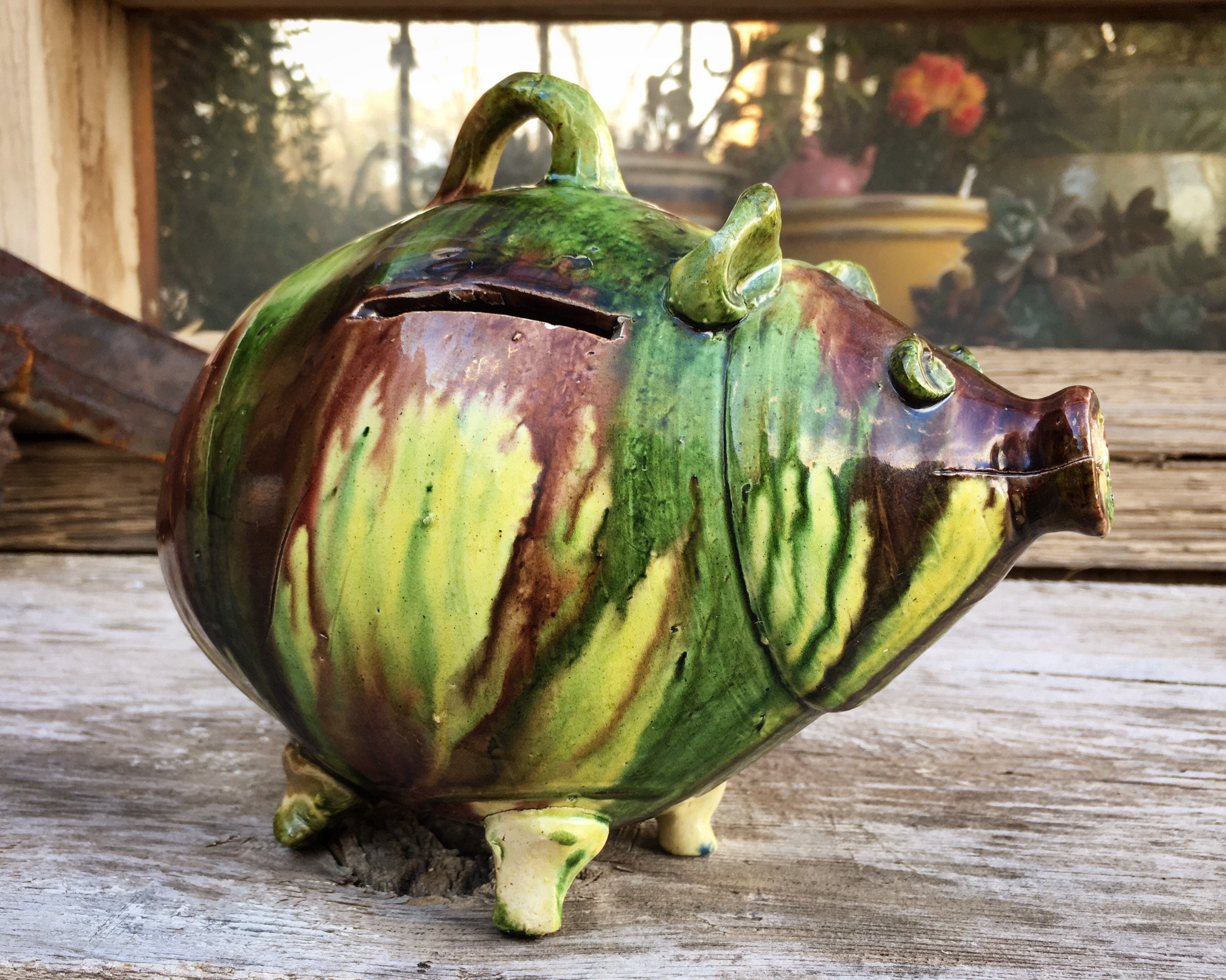 1940s Oaxaca Drip Pottery Mexican Piggy Bank, Vintage Clay Pig