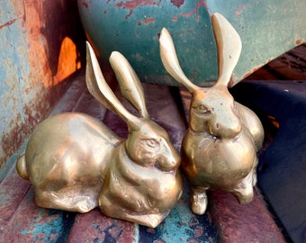 Pair of Vintage Solid Brass Rabbit Figurines, Easter Table Centerpiece Decorations, Shelf Display