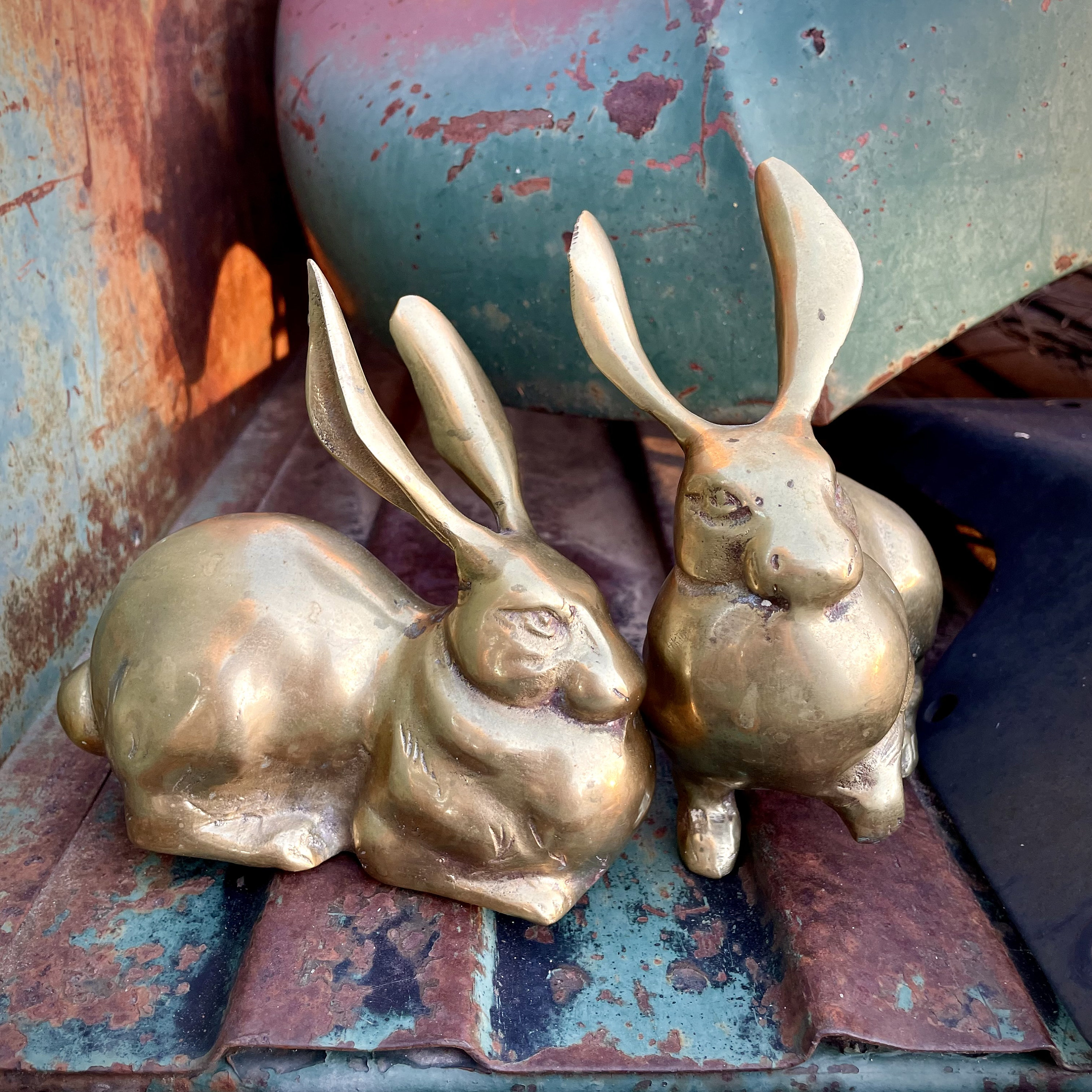 Pair of Vintage Solid Brass Rabbit Figurines, Easter Table