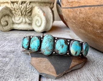 Older Seven-Stone Turquoise Row Bracelet Approx Size 6.5, 49g, Wide Flat Wrist Shape