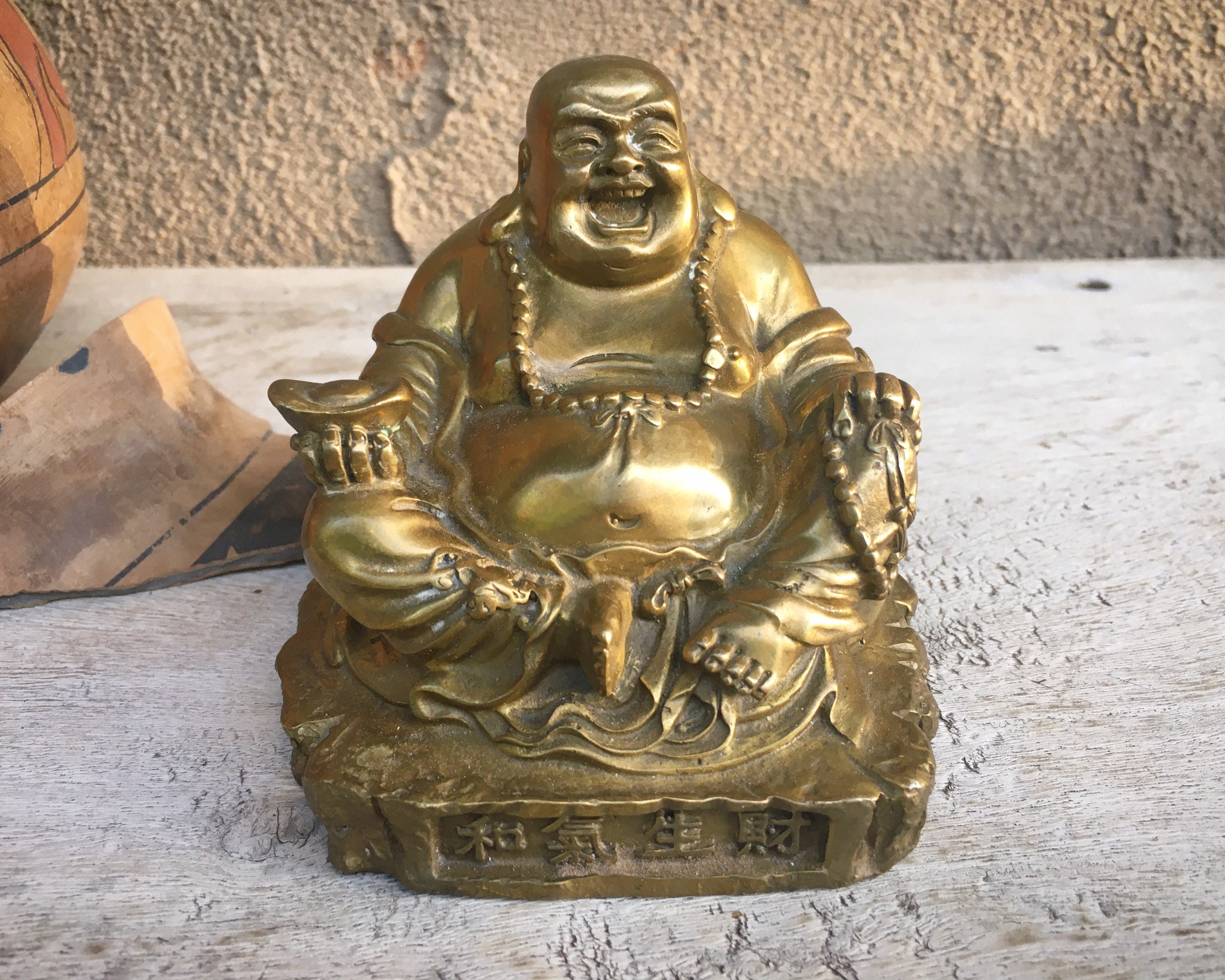 Heavy Brass Smiling Buddha Hotei Figurine, Good Luck Talisman ...