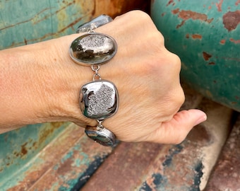 Vintage Hematite Druzy Link Bracelet Adj Size Approx 7 to 8.5, Iron Gray Black Color