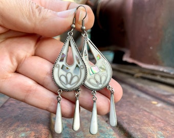 Vintage Mexican Inlay Earrings on Alpaca German Silver Dangles, White Stone and Abalone Jewelry