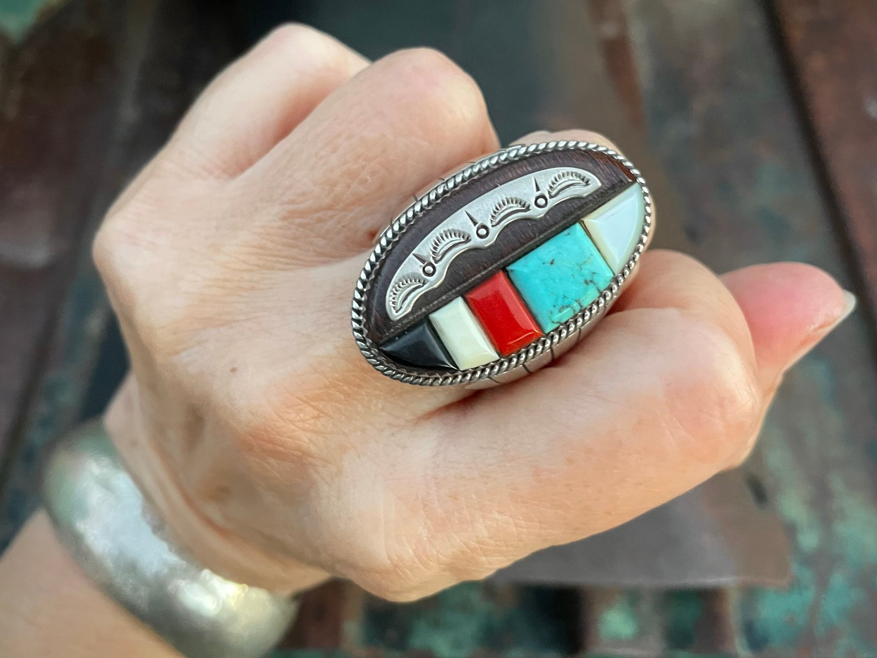 Flares And Inlay Huge Vintage Navajo Turquoise Coral Native American Jewelry Silver Ring Flares And Inlay Huge Vintage Navajo Turquoise Coral Native American Jewelry Silver Ring