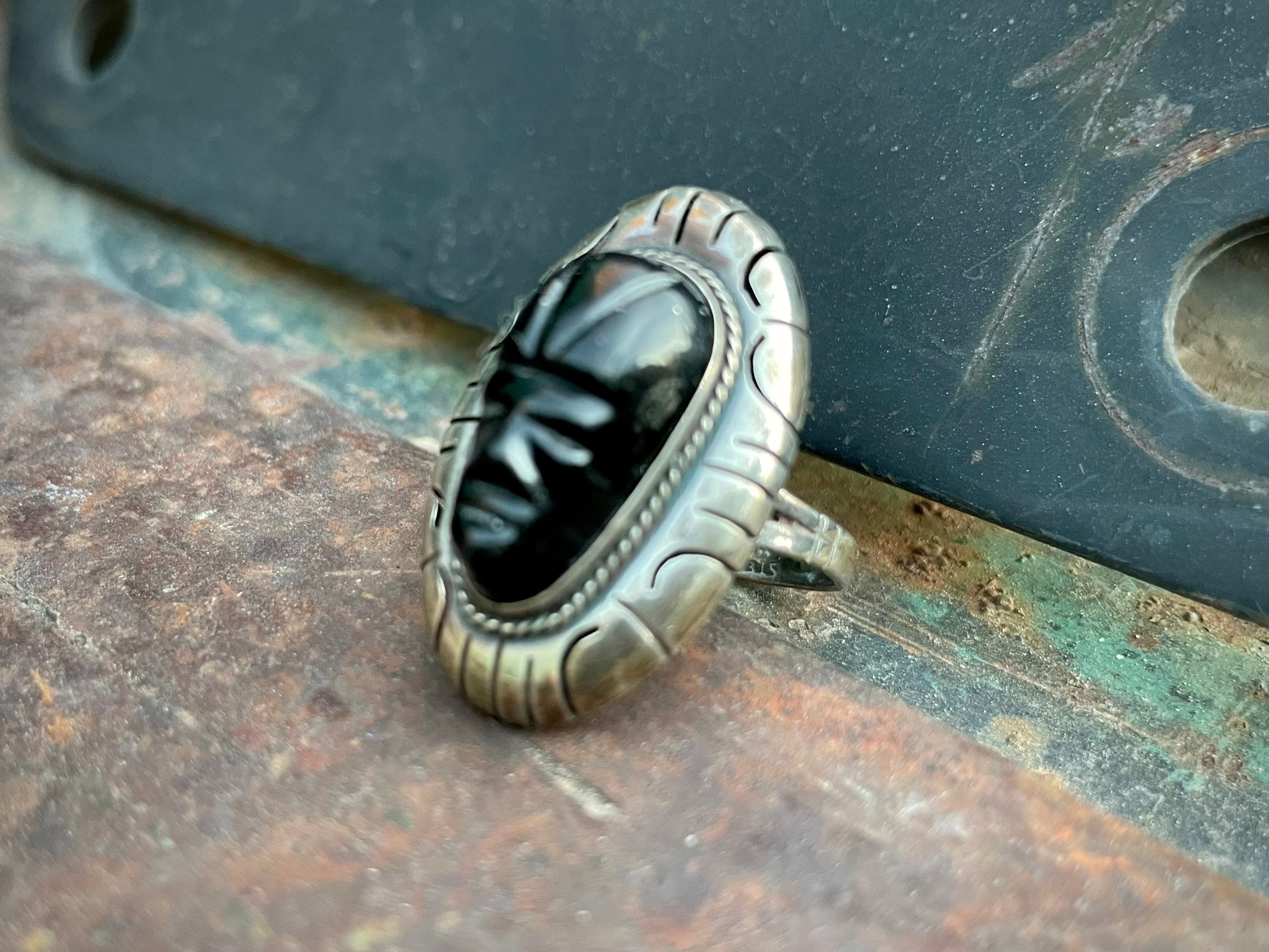 Vintage Sterling Silver Black Onyx Mexican Warrior Ring Size