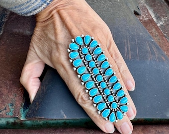 Huge Navajo Ernest Roy Begay Sterling Silver Turquoise Cluster Ring Adjustable Size