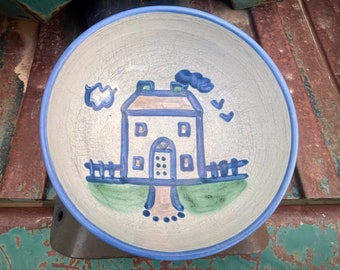 M. A. Hadley Vintage Art Studio Pottery Bowl with House Design, 6.75" Diameter, Southern Folk Art