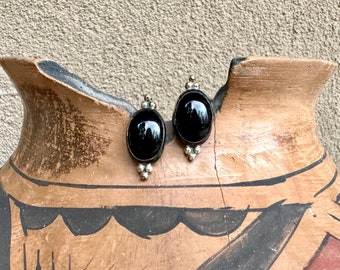 Vintage Sterling Silver Post Earrings with Black Onyx, Signed Southwestern Jewelry