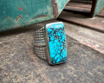 Artisan Joshua Bingham Sterling Silver Signet Ring Approx Size 10.5, Spiderweb Turquoise