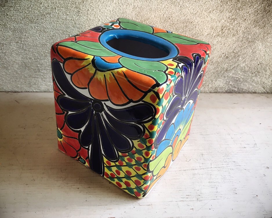 Vintage Talavera Pottery Tissue Box Cover in Blue Yellow Green Red
