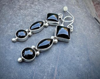 Sterling Silver Black Onyx Dangle Earrings, Southwestern Artisan Jewelry Native American