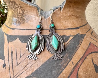 Fred Harvey Era Silver Turquoise Thunderbird Earrings, Navajo Native American