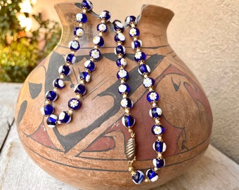 Vintage Italian Millefiori Glass Bead Necklace 25.5" Hand Knotted, Cobalt Blue w/ White Flowers