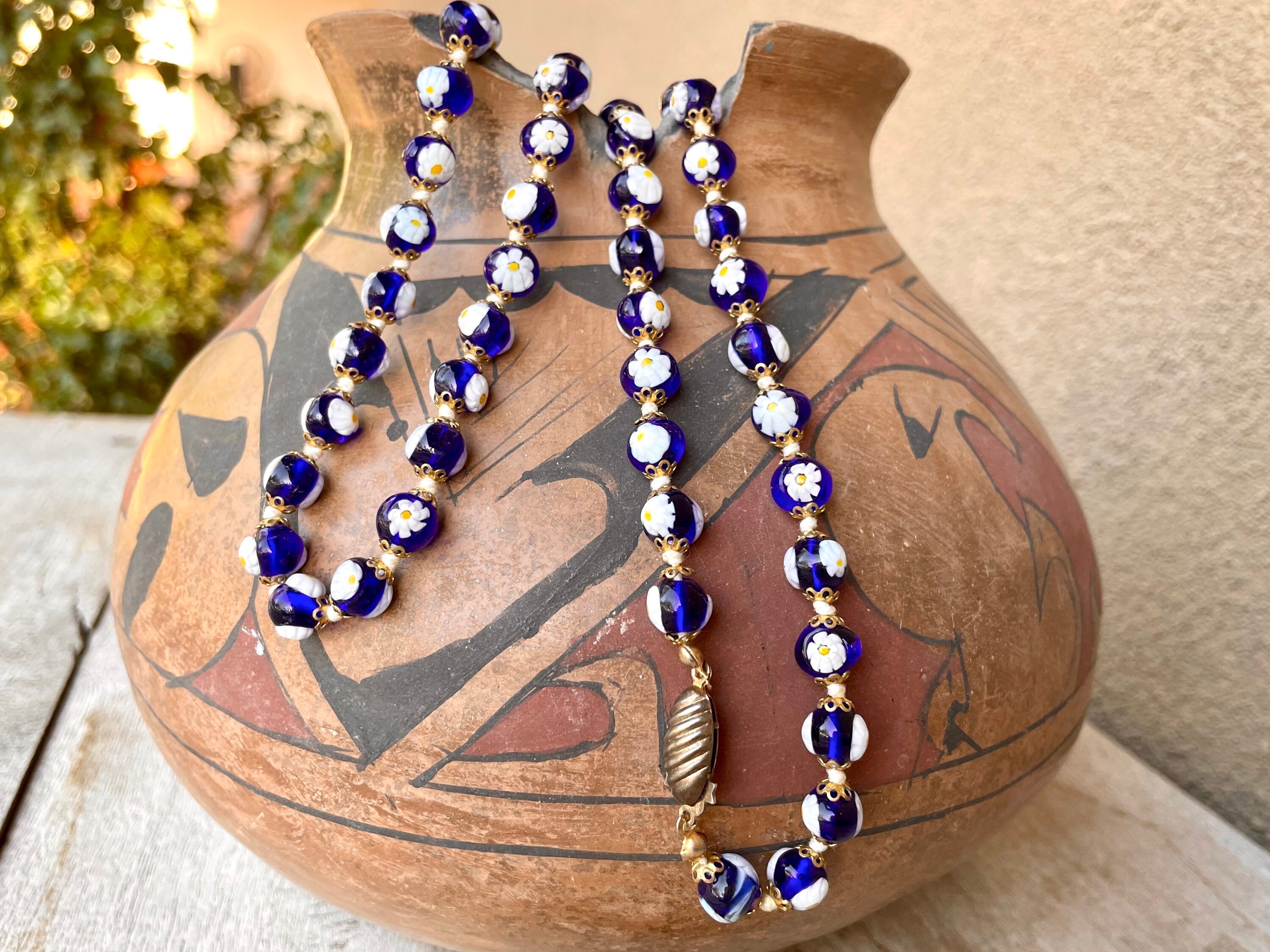 Vintage Italian Millefiori Glass Bead Necklace 25.5 Hand Knotted, Cobalt  Blue w/ White Flowers