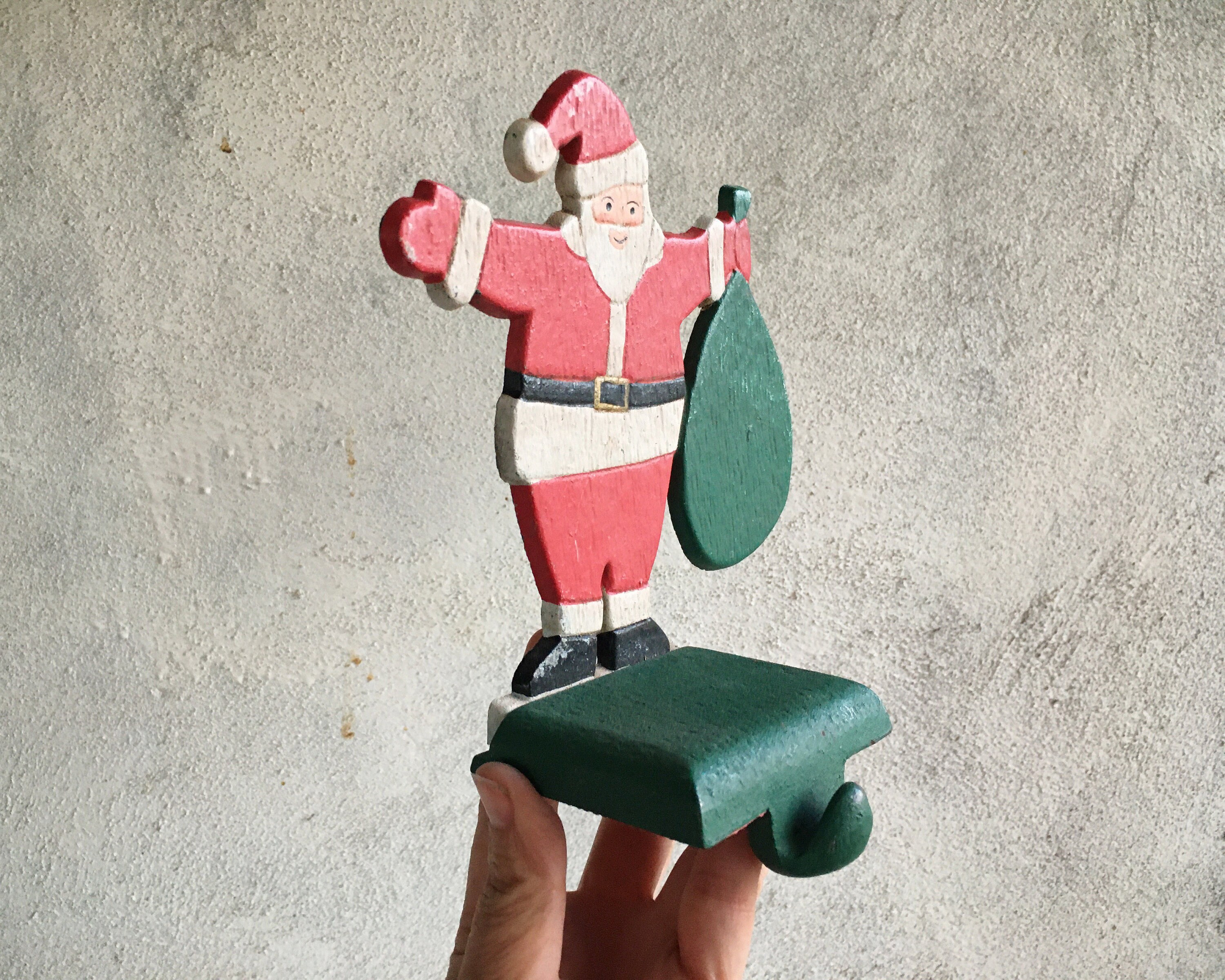 Two Large Cast Iron Santa Claus Christmas Stocking Holders for Mantle