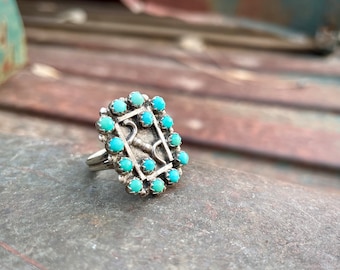 Vintage Zuni Snake Eye Turquoise Ring Size Approx 6.5 w/ Old Repair, Native American Jewelry