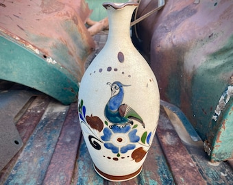 Vintage Tonala Stoneware Pottery Pitcher Vase with Bird Design, Mexican Decor, Southwestern Table