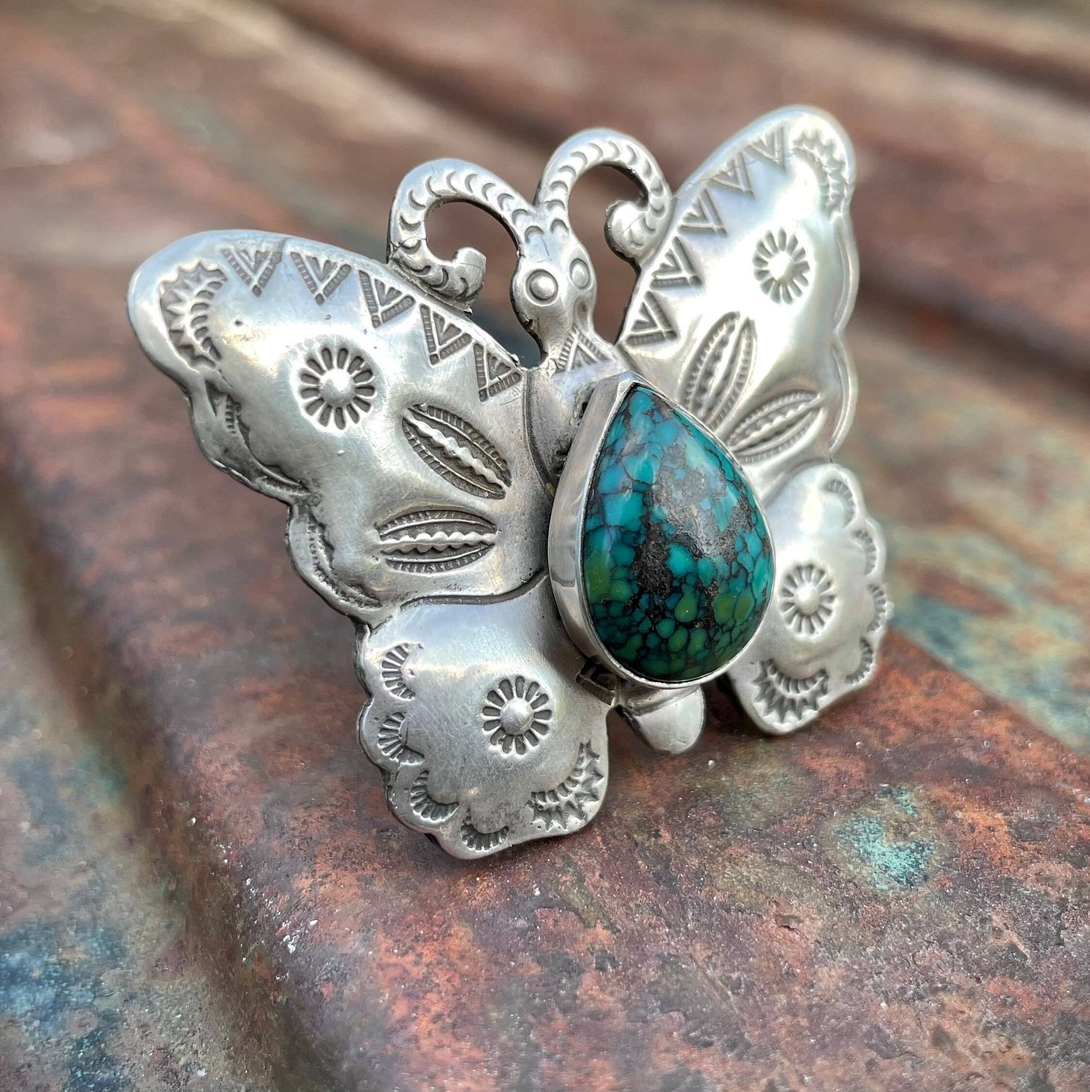 Exceptional San Felipe Spiderweb Turquoise Sterling Silver Butterfly Ring Exceptional San Felipe Spiderweb Turquoise Sterling Silver Butterfly Ring