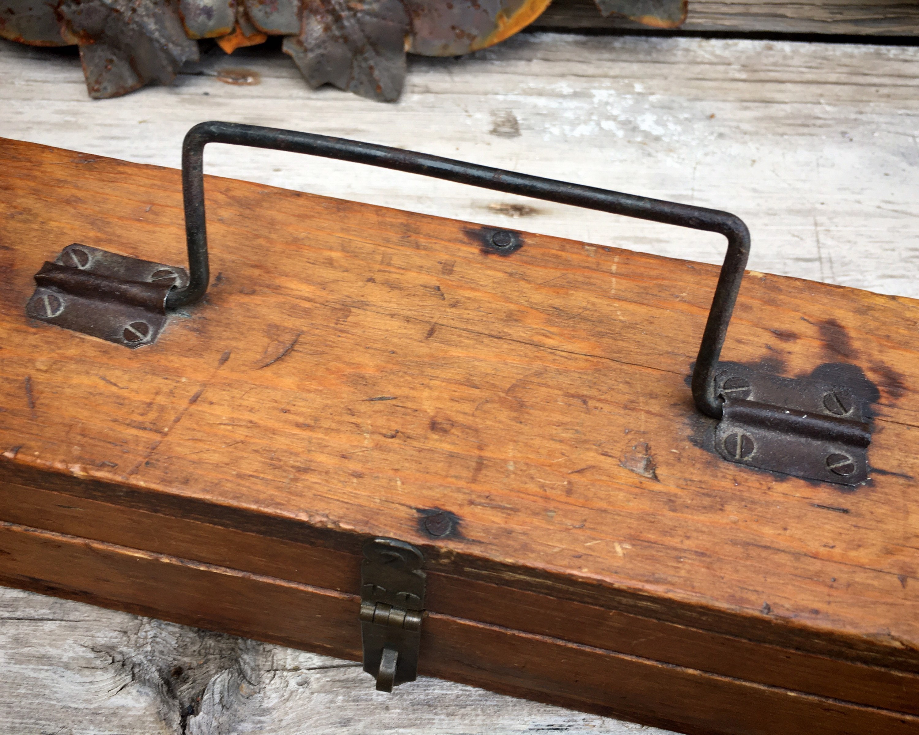 Early 1900s Antique Stained Pine Wooden Box for Fishing Pole