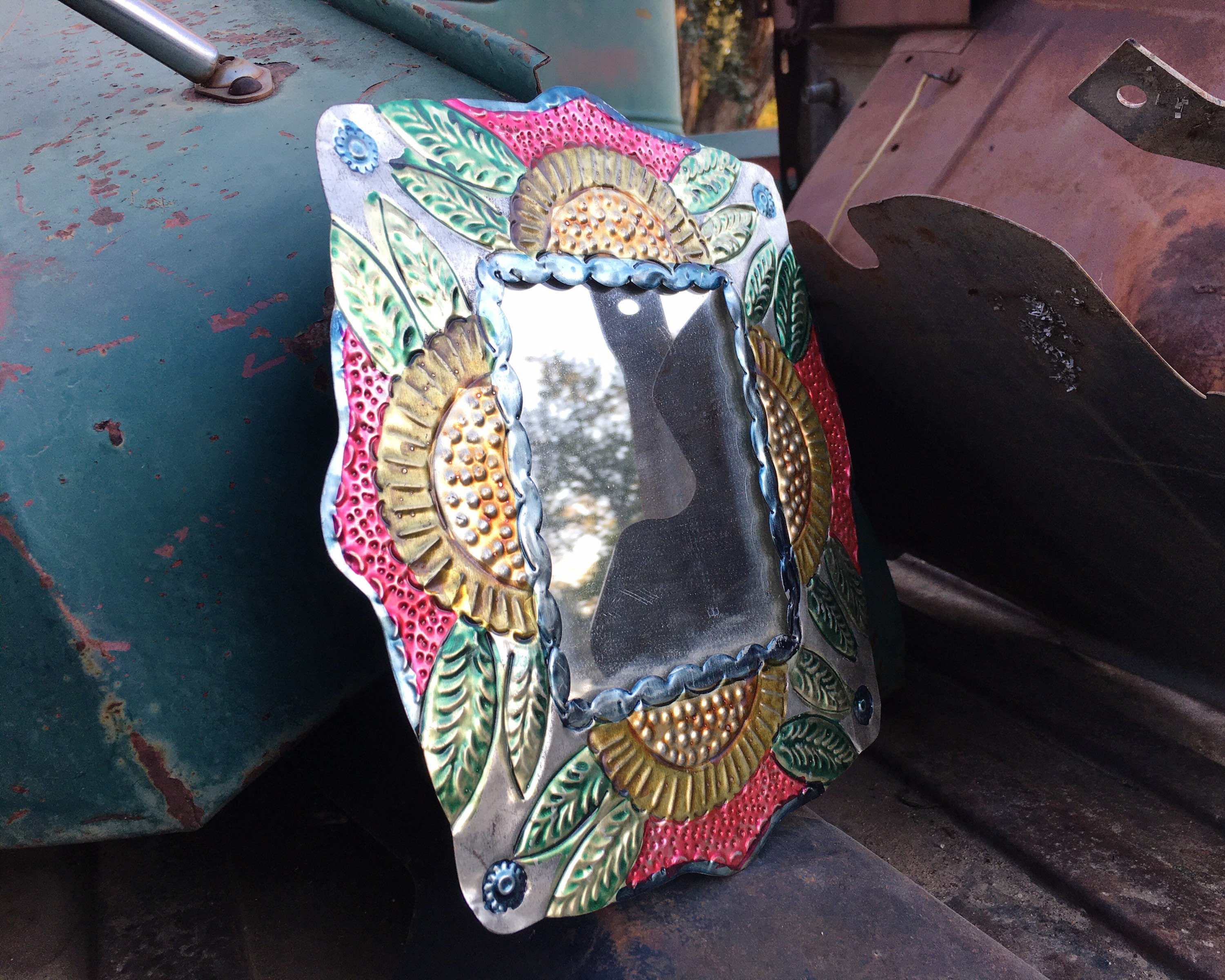 Small Mexican Tin Wall Mirror Painted Pink and Green, Folk Art Hojalata
