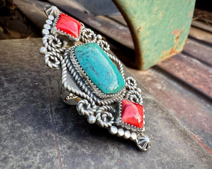 Featured listing image: Large Navajo Sandra Parkett Turquoise Red Spiny Oyster Ring Size 7.75, Ornate Twist Wire