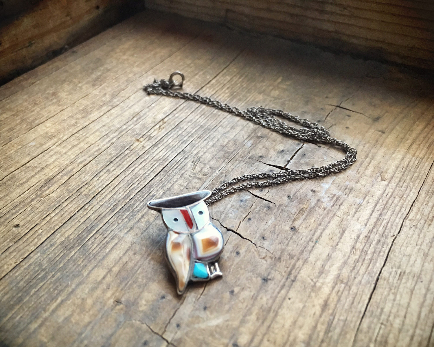 Vintage owl necklace turquoise Mother of Pearl silver channel inlay ...