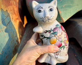 Vintage Ceramic Cat with Moustache Statue, Pink Yellow Green Fruit, Chinoiserie Decor