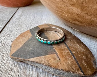 Super Narrow Turquoise Band Approx Size 8.5, Zuni Dishta Style Flush Inlay