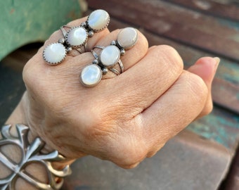 CHOOSE ONE: Vintage Mother of Pearl Long Ring, Navajo Native America Indian Jewelry, June Birthday Birthstone Gift Mother's Day, Rodeo Style