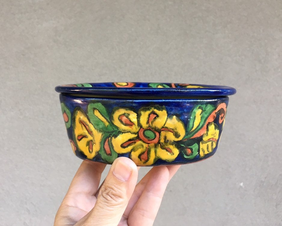 HandPainted Talavera Pottery Soap Dish Dark Blue Yellow Floral Pattern, Rustic Southwestern