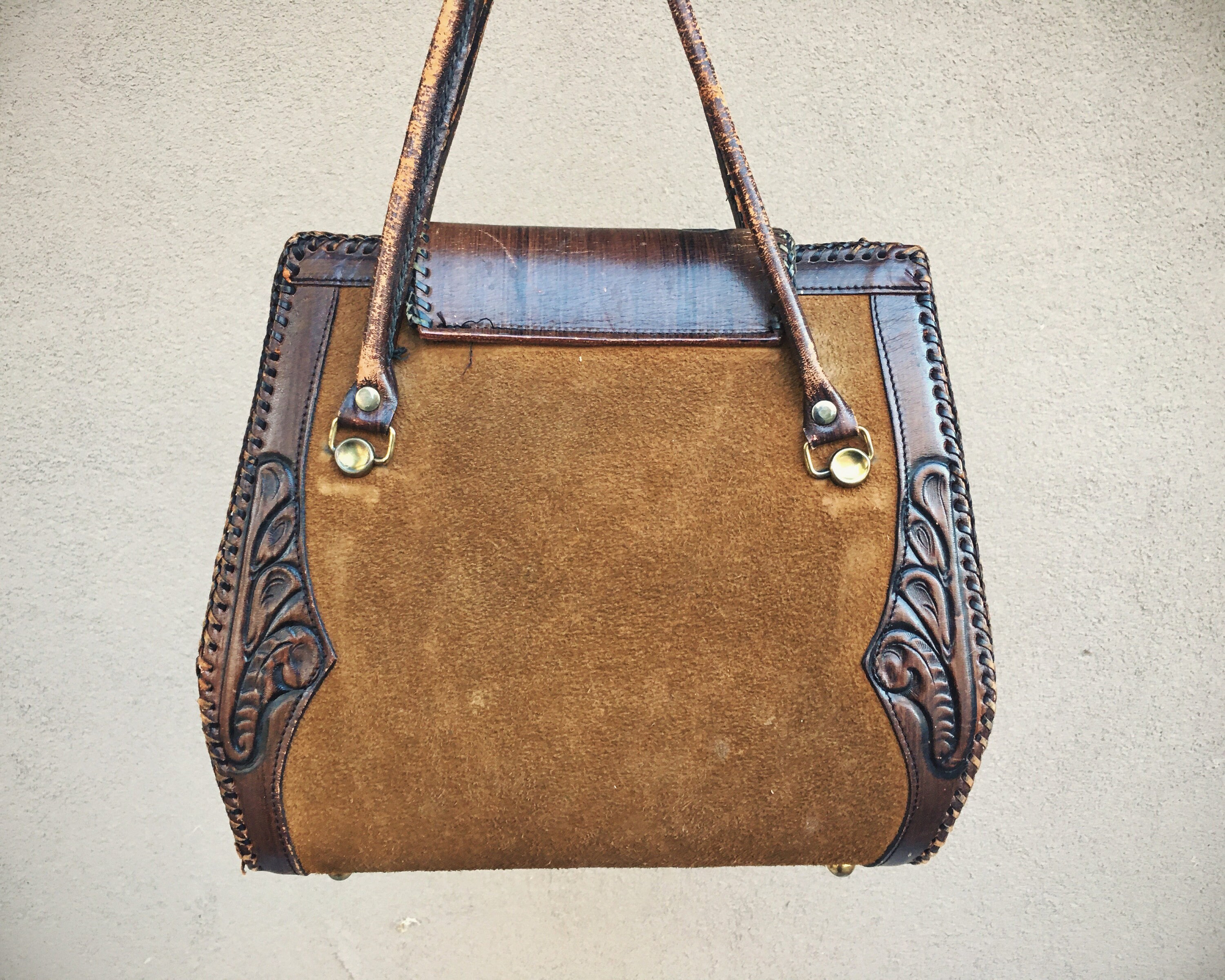 Super Distressed Tooled Leather Western Purse Two Tone Suede Leather