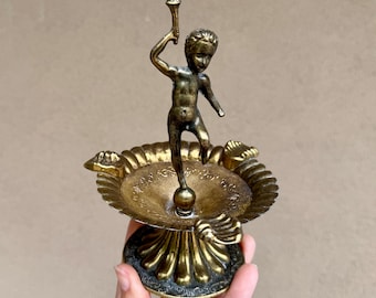 Vintage Brass Cherub Ashtray Made in Italy, Hollywood Regency Decor Tabletop Accent