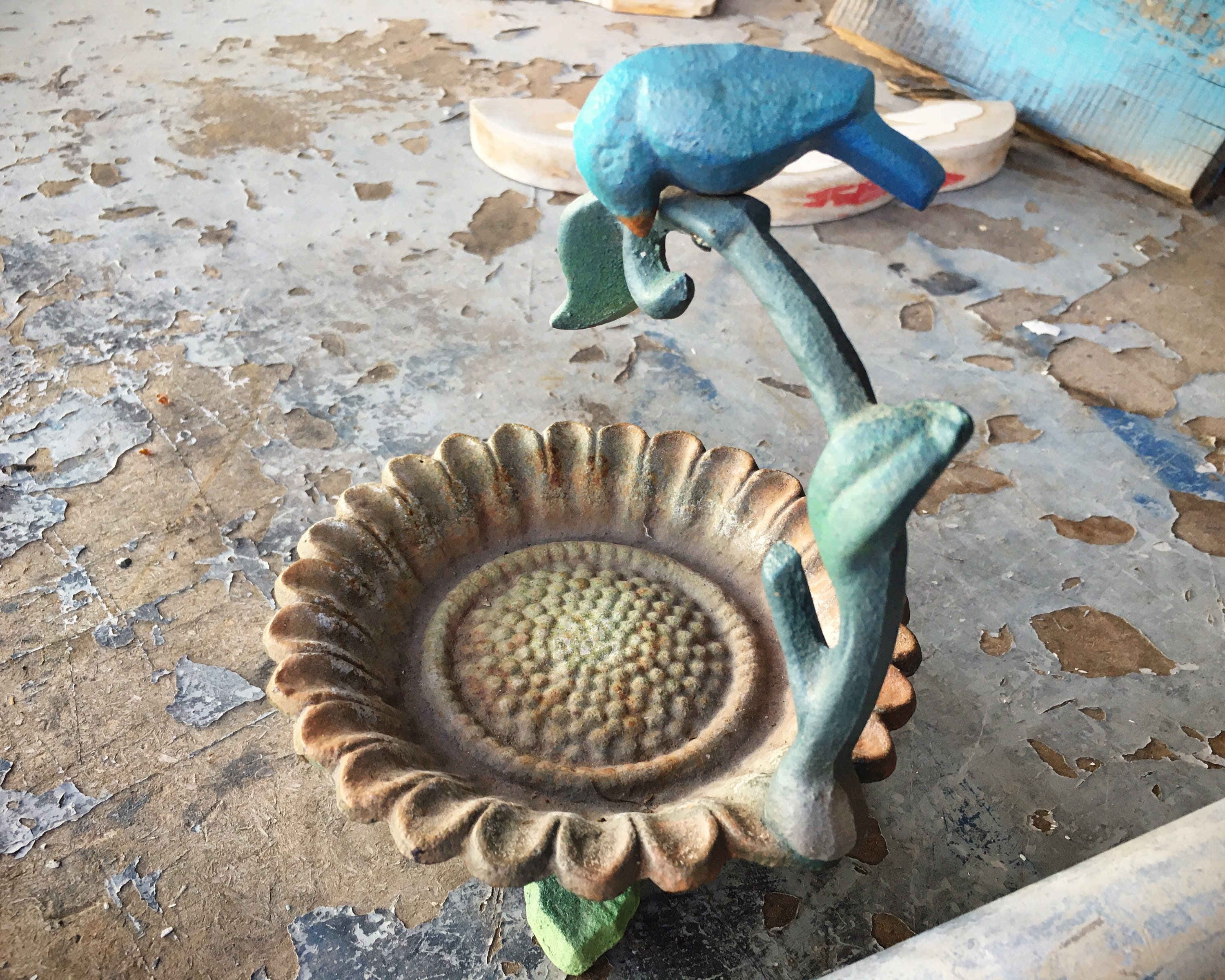 Vintage Rusty Metal Cast Iron Bird Bath, Cottage Garden Decoration