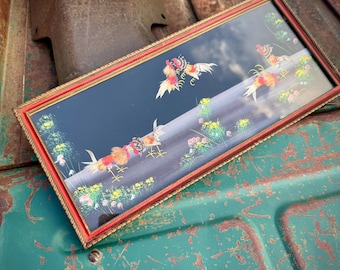 Mexican Feather Art Painting Cockfight Scene Framed 14.75", Wide and Narrow