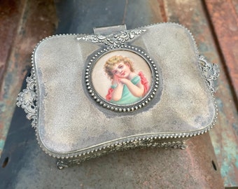 Antique Derby Silver Plated Dresser Casket with Porcelain Cameo of Girl, Lined with Satin