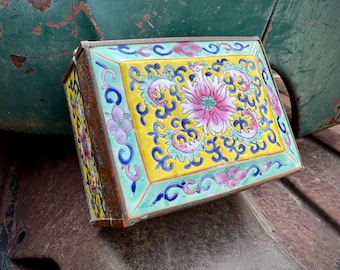 Antique Enamel Hinged Box Small Rectangular Shape Approx Size 4.5" x 3.5", 1920s Canton Style