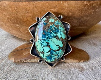 Large Sterling Silver Chrysocolla Ring Size 9.5 by Navajo Me'Dru Nelson, Native American