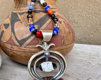 Chimney Butte White Buffalo Turquoise Sterling Silver Naja on Multicolor Bead Necklace