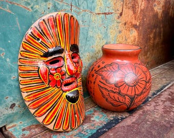 Mexican Pottery Small Olla and Wall Hanging (Chipped), Primitive Southwestern Folk Art Decor