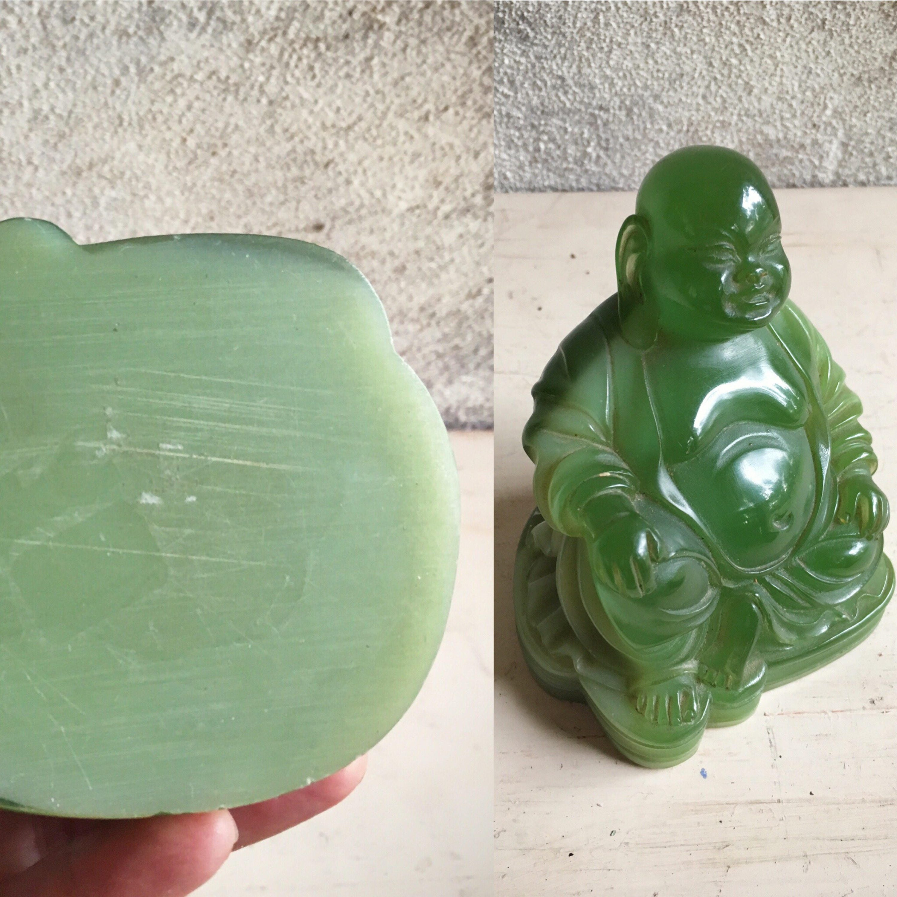 Vintage celluloid green Buddha figurine, faux jade Sitting Buddha