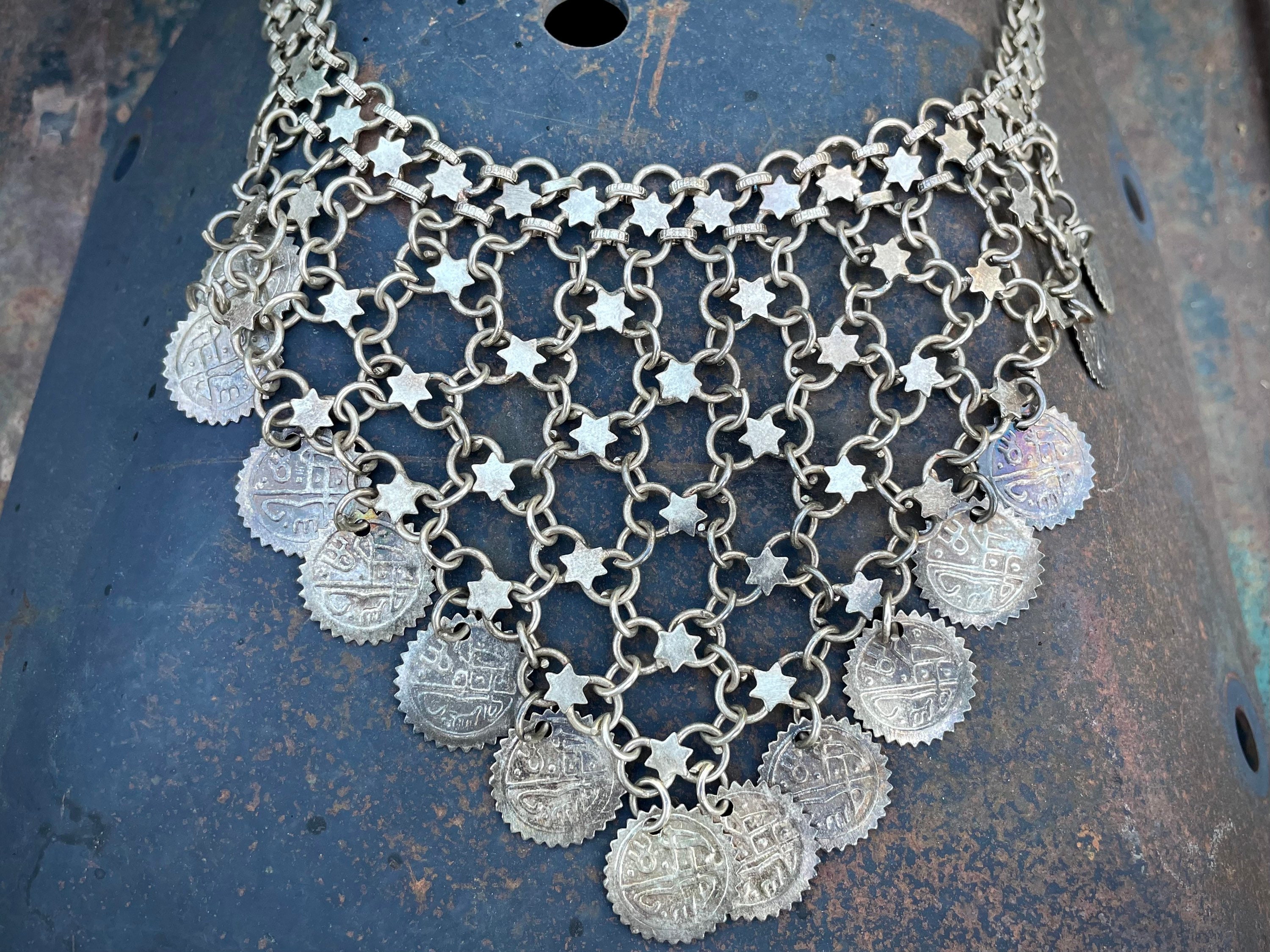 Vintage Silver Tone Tribal Necklace Chainmail with Coins, Gypsy Belly ...