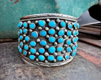 Vintage Turquoise Navajo Cuff Size 7, Signed BL, Cluster Row Bracelet Men's Style