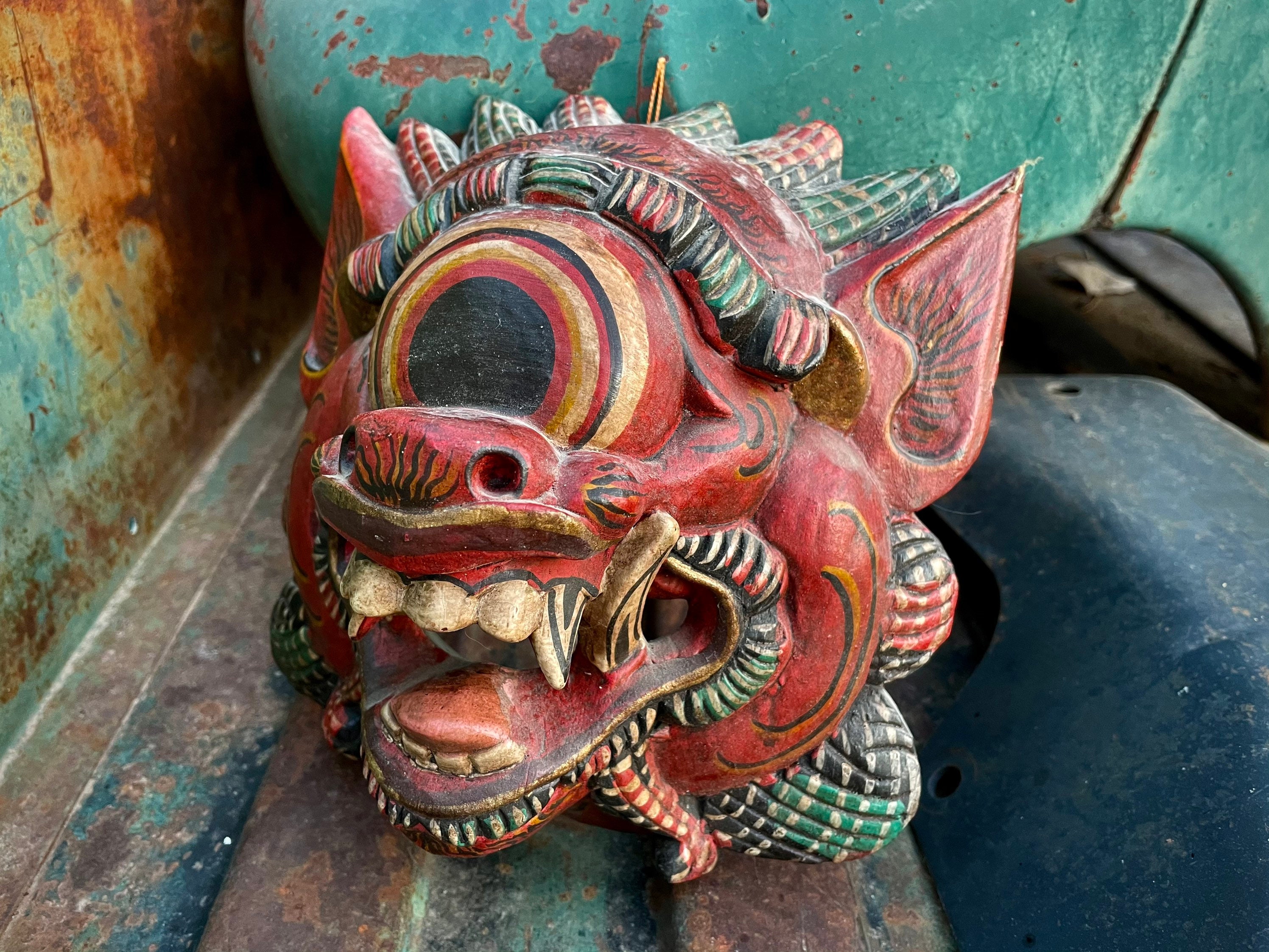 Vintage Hand Carved And Painted Balinese Wood Mask Barong Topeng Indonesia Mythological Folk Art