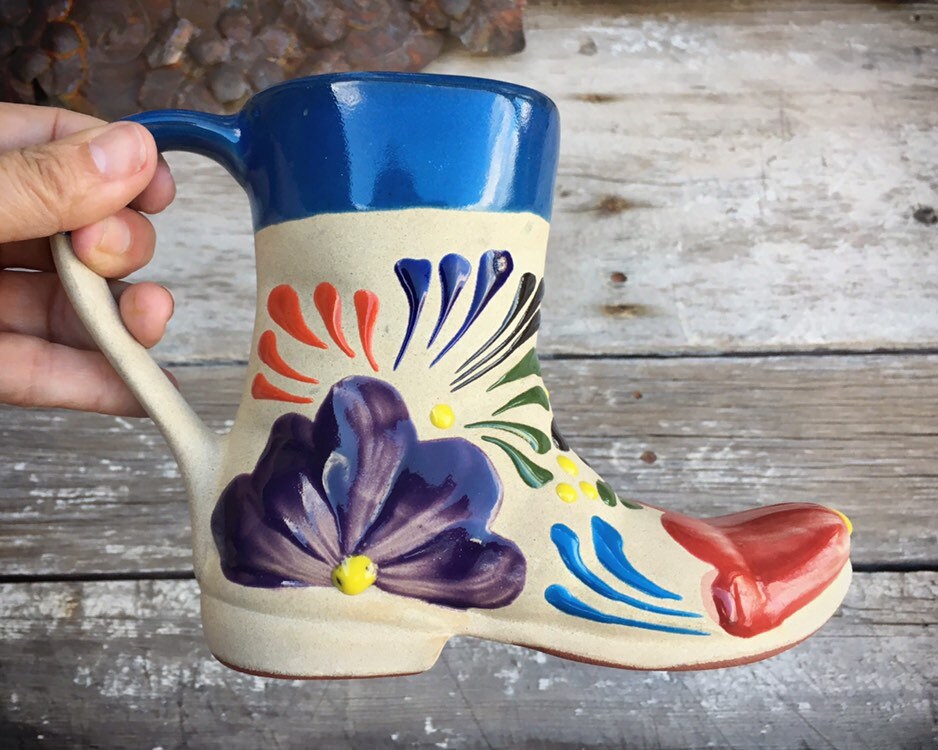 Mexican Pottery Cowboy Boot Vase with Handle, Western Southwestern
