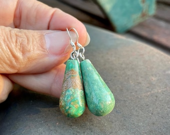 Solid Three-Dimensional Turquoise Drop Dangle Earrings, Native American Indian Jewelry