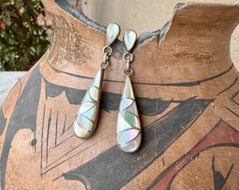 Vintage Mother of Pearl Channel Inlay Silver Earrings, White Shell Dangles, Zuni Jewelry