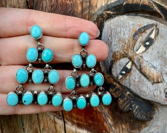 Big Turquoise Cluster Dangle Earrings by Navajo Wilson Dawes, Native American Jewelry, Rodeo Style