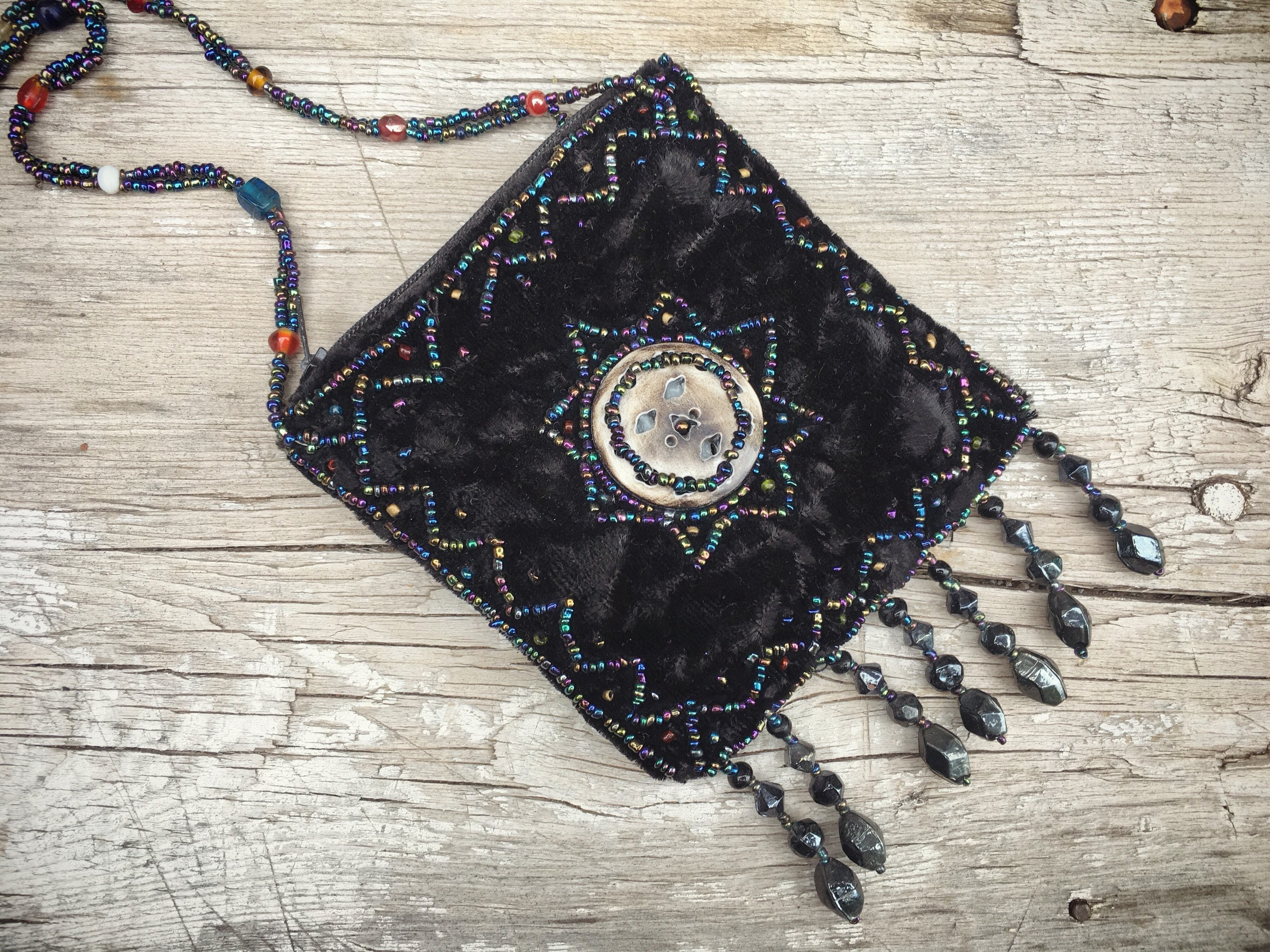 Vintage Beaded Black Velvet Medicine Bag Tribal Necklace Purse, Gift