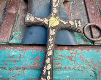 Mexican Milagro Cross Wall Hanging Sacred Heart Religious Medals, Southwestern Rustic Decor